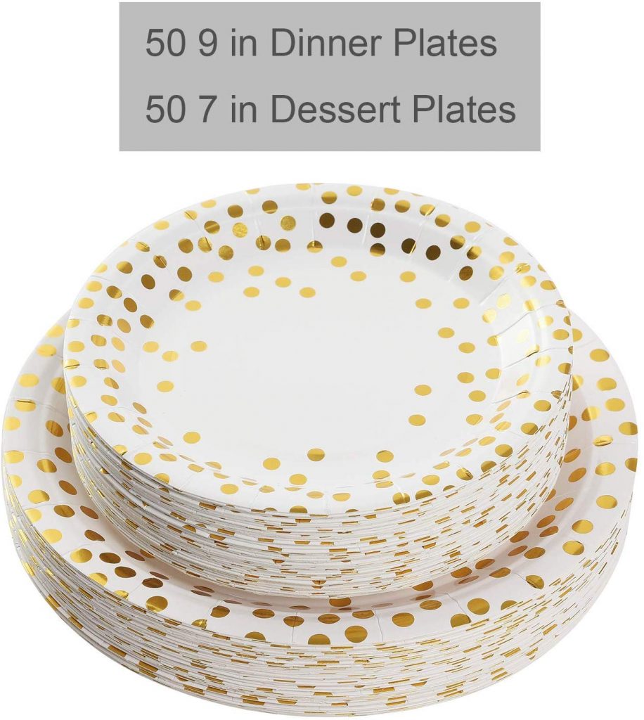 150 Premium Gold and White Paper Plates Cups Set InewTeck