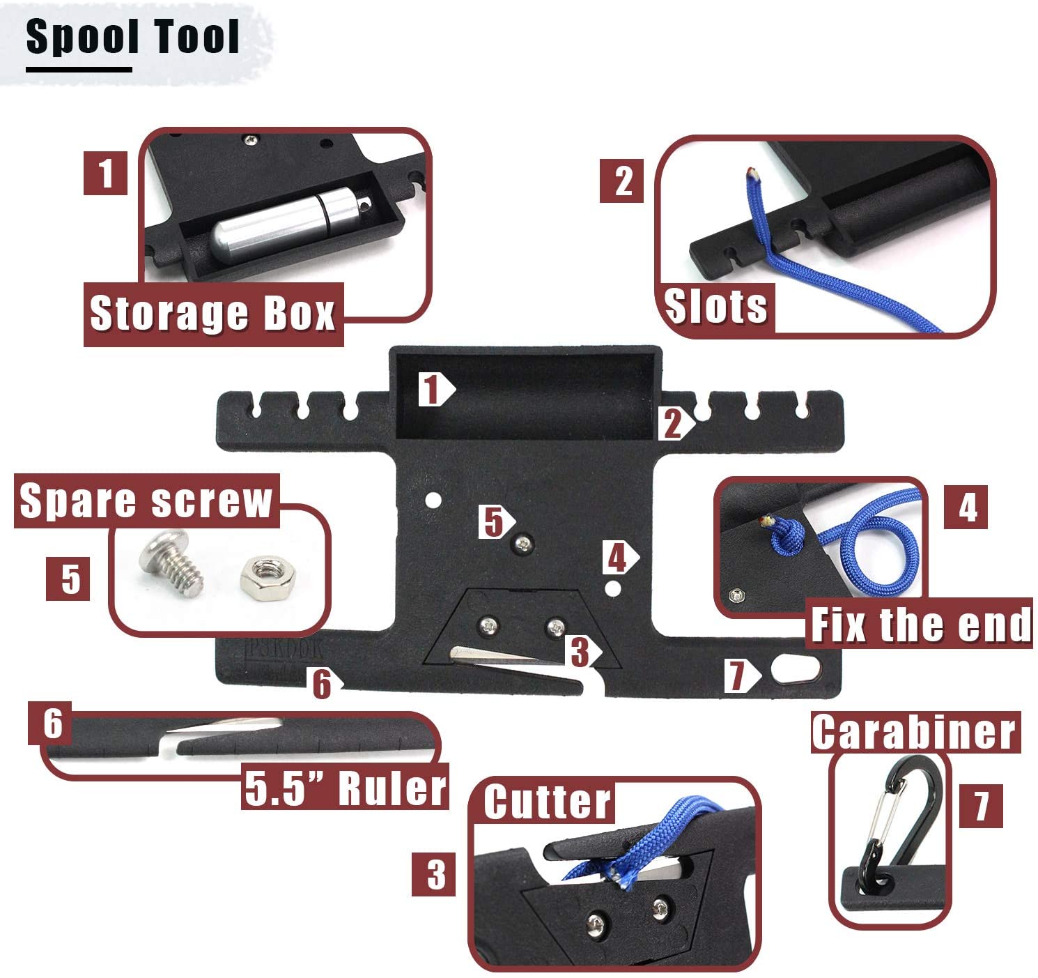 Paracord Spool Tool met 50 of 100 voet van 550 7-Strand parachute koord - USA Made