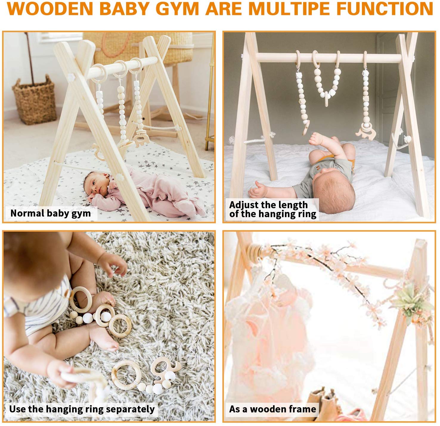 Wood Baby Gym with 3 Wooden Baby Teething Toys Foldable Baby Play Gym Frame Activity Gym Hanging Bar Newborn Gift Baby Girl and Boy Gym
